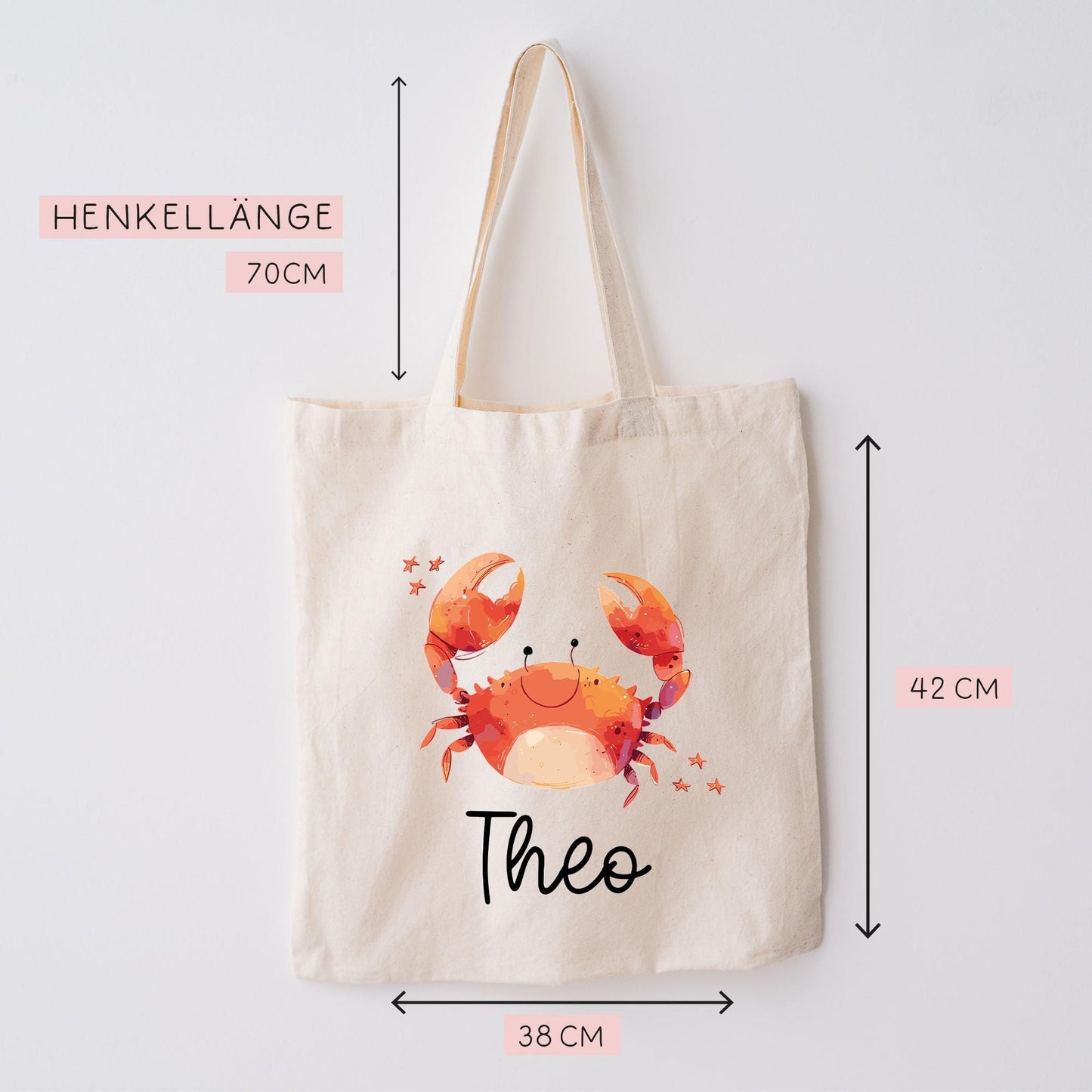 Stofftasche Krebs mit Namen Baumwolltasche Tasche - Personalisiert Beutel Kindertasche mit Wunschname - Wechselwäsche - Jutebeutel - KIGA  kleinebuchstaben   