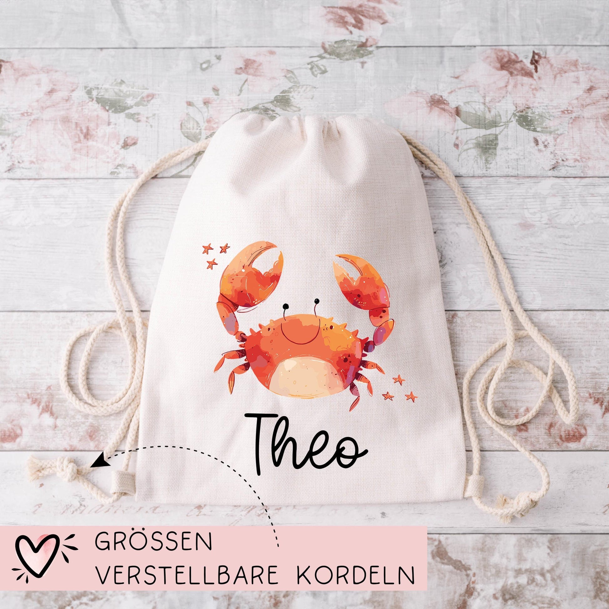 Stofftasche Krebs mit Namen Baumwolltasche Tasche - Personalisiert Beutel Kindertasche mit Wunschname - Wechselwäsche - Jutebeutel - KIGA  kleinebuchstaben   