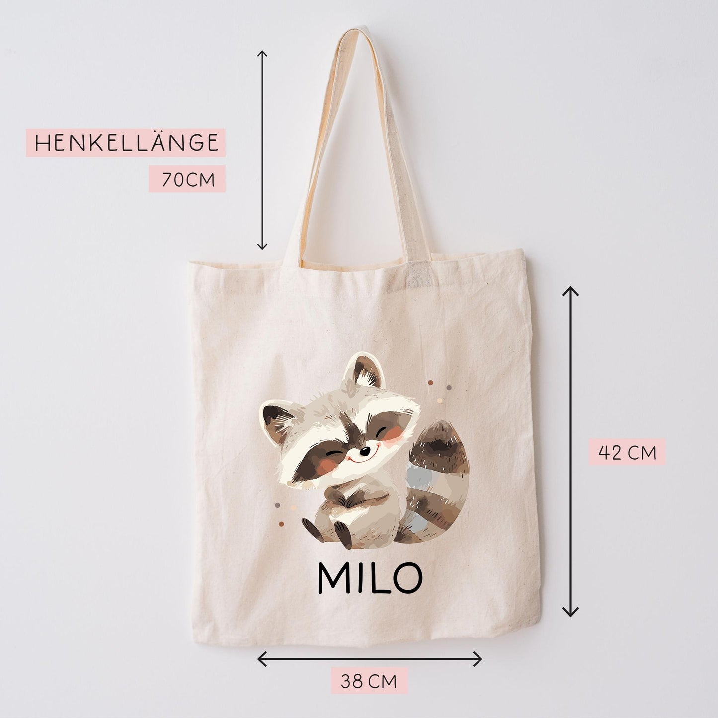 Stofftasche Waschbär mit Namen Baumwolltasche Tasche - Personalisiert Beutel Kindertasche mit Wunschname - Wechselwäsche - Jutebeutel - KIGA  kleinebuchstaben   