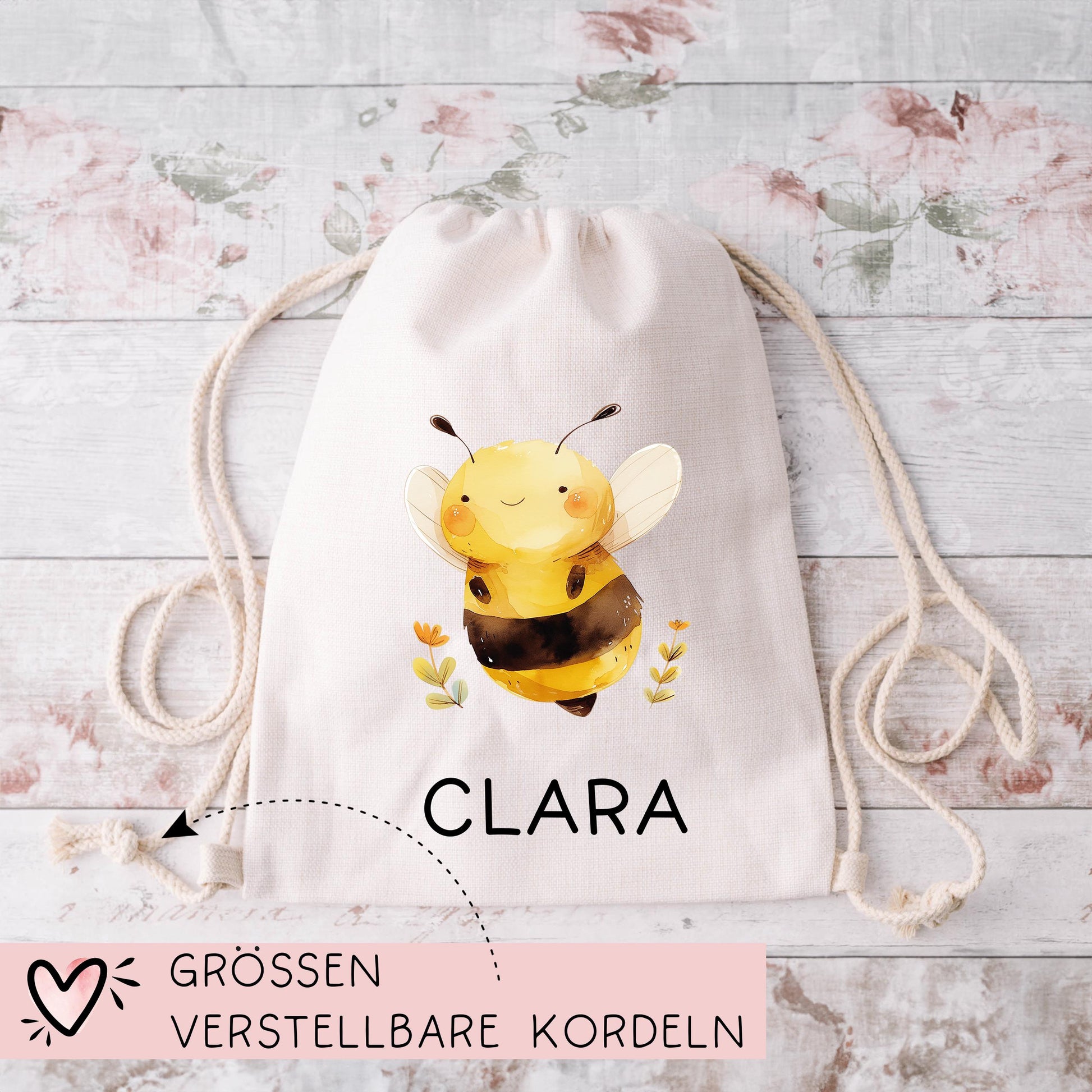 Stofftasche Biene mit Namen Baumwolltasche Tasche - Personalisiert Beutel Kindertasche mit Wunschname - Wechselwäsche - Jutebeutel - KIGA  kleinebuchstaben   