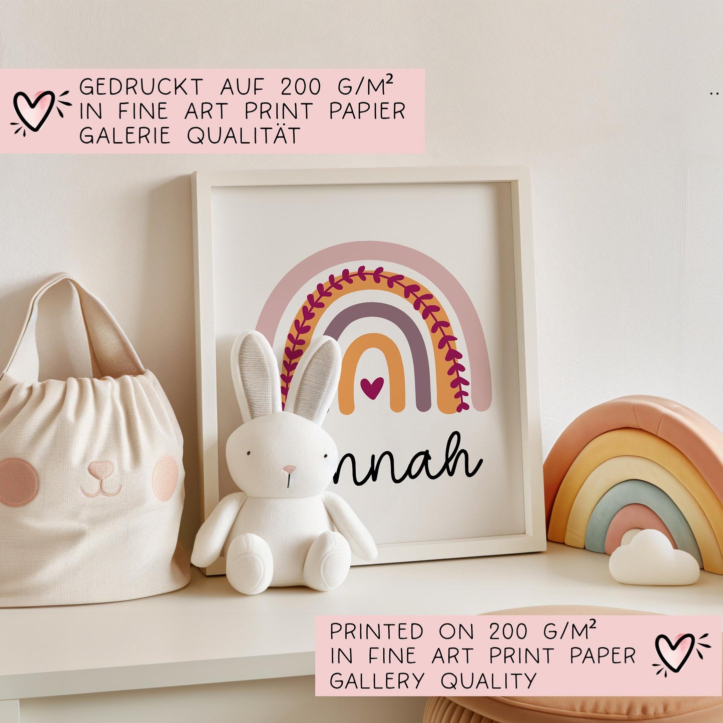 Regenbogen Poster Personalisiert mit oder ohne Namen für Kinderzimmer. Namensposter - Geschenkidee. Geschenk Baby - Wanddeko Geburt Mädchen  kleinebuchstaben   