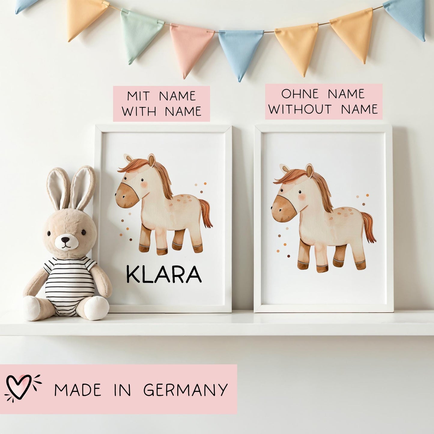 DIN A4 Poster mit Namen Pferd - Personalisiert mit od. ohne Namen für Kinderzimmer -Namensposter - Geschenkidee. Geschenk - Wanddeko Mädchen  kleinebuchstaben   