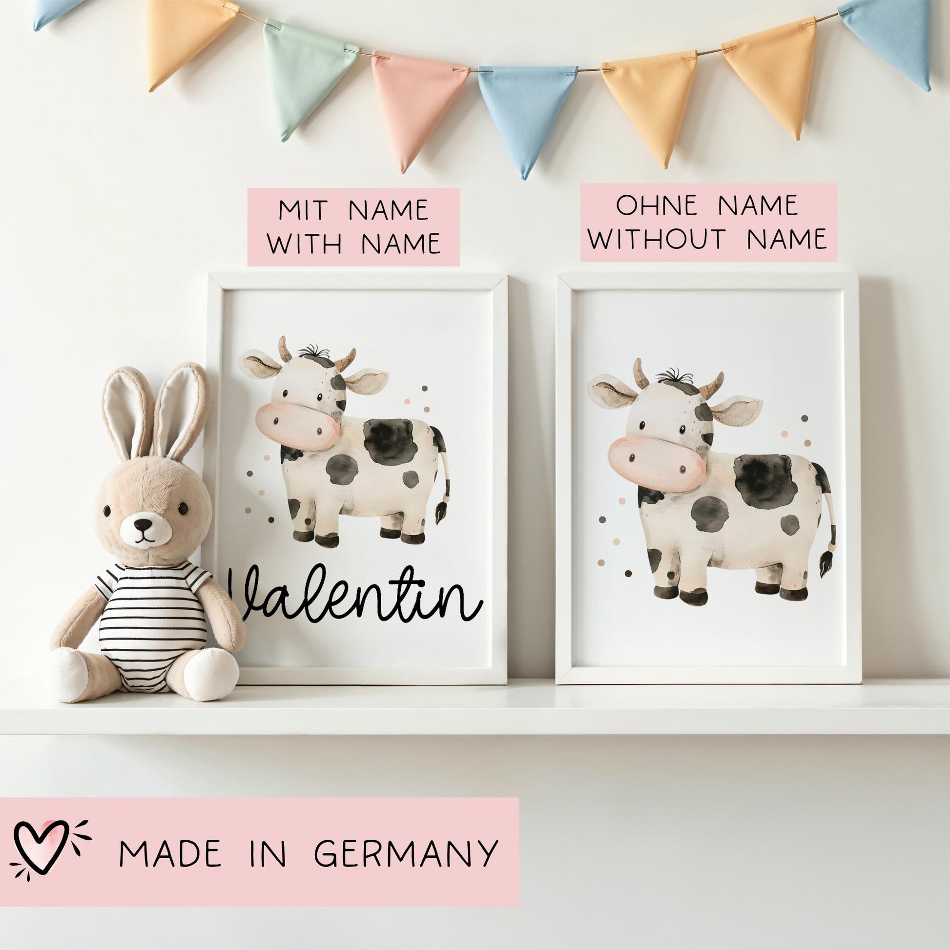 Kuh DIN A4 Poster mit Namen - Personalisiert mit od. ohne Namen für Kinderzimmer -Namensposter - Geschenkidee. Geschenk - Wanddeko Tiere  kleinebuchstaben   