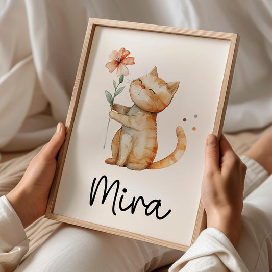 Poster Katze A2 A3 A4 Wunschname Kinderposter Poster Kinderzimmer Poster Baby Geschenk Mädchen Geschenk Junge Poster Kinder Tierposter  kleinebuchstaben DIN A4 (21x29,7 cm) Schriftart 1 