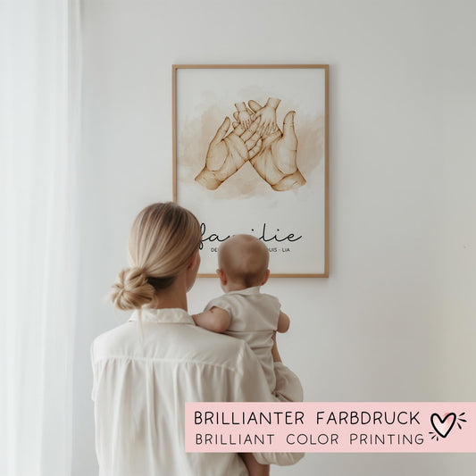 Familienposter mit Händen, Bild Familie, Familienschild mit Familienname und Namen der Eltern und Kinder, personalisiertes Familiengeschenk  kleinebuchstaben   