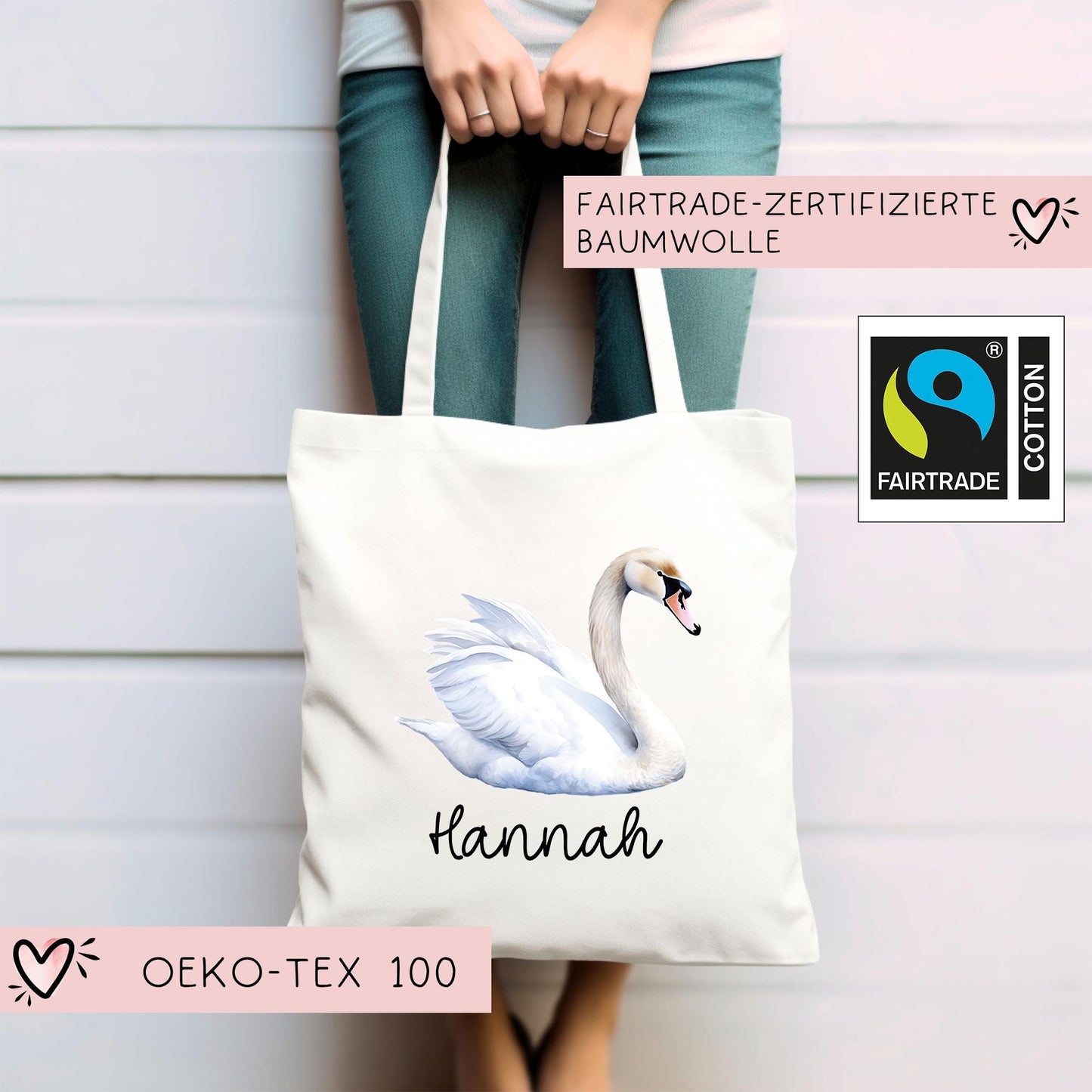 Stofftasche Schwan mit Namen Baumwolltasche Tasche - Personalisiert Beutel Kindertasche -Wunschname - Wechselwäsche - Jutebeutel - KIGA  kleinebuchstaben   