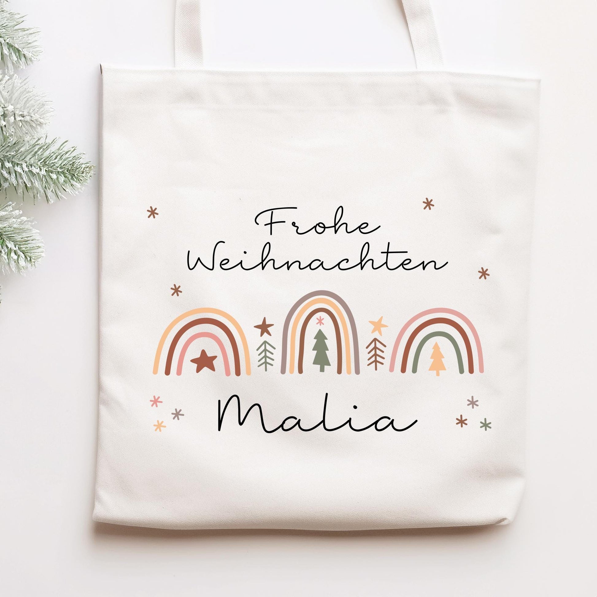 Personalisierte Stofftasche Weihnachten Regenbogen - Geschenktasche - Geschenk - Beutel - Wunschname - Geschenktüte - Nikolaus - Mama Papa  kleinebuchstaben Stofftasche Schriftart 1 