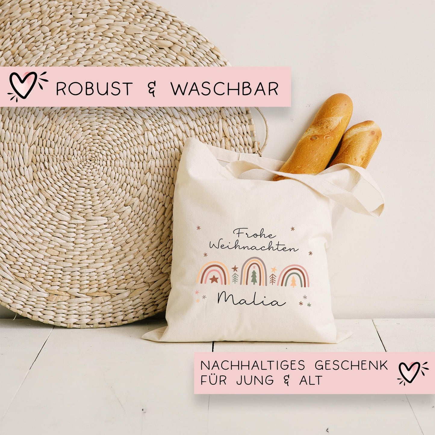 Personalisierte Stofftasche Weihnachten Regenbogen - Geschenktasche - Geschenk - Beutel - Wunschname - Geschenktüte - Nikolaus - Mama Papa  kleinebuchstaben   