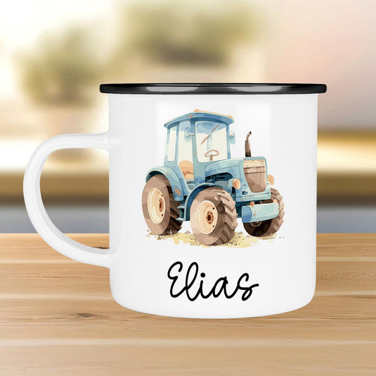 Traktor Emaille Tasse Personalisiert Blau Becher mit Wunschnamen - Emailletasse für Kinder - Tasse personalisiert - Weihnachten - Geburtstag  kleinebuchstaben Randfarbe: Schwarz Schriftart 1 