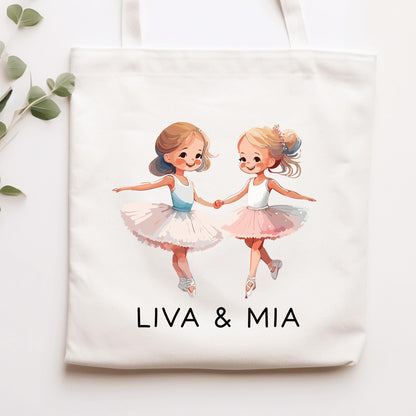 2 Ballerina Turnbeutel Stofftasche mit Namen personalisiert - Rucksack als Sportbeutel für Schule, Kindergarten - Sportbeutel - Schwester  kleinebuchstaben Stofftasche Schriftart 1 