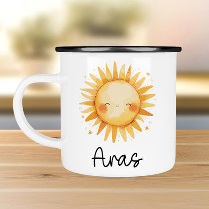 Emaille Tasse Becher Sonne Personalisiert mit Wunschnamen - Emailletasse für Kinder - Tasse personalisiert - Weihnachten - Geburtstag  kleinebuchstaben Randfarbe: Schwarz Schriftart 1 