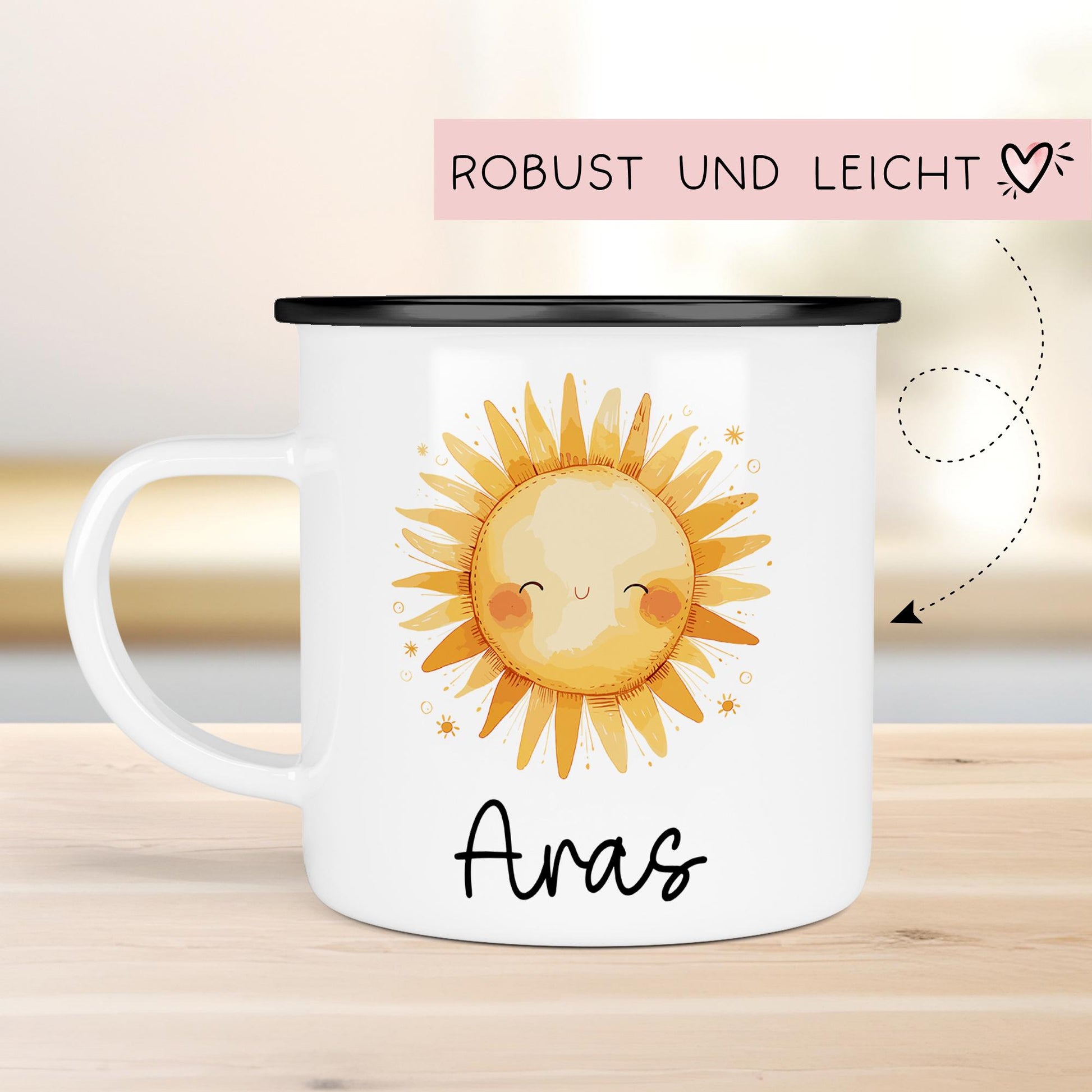 Emaille Tasse Becher Sonne Personalisiert mit Wunschnamen - Emailletasse für Kinder - Tasse personalisiert - Weihnachten - Geburtstag  kleinebuchstaben   