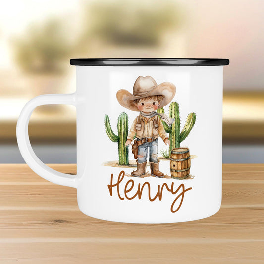 Emaille Tasse Becher Cowboy Personalisiert mit Wunschnamen - Wilder Westen für Kinder - Tasse personalisiert - Weihnachten - Geburtstag  kleinebuchstaben Randfarbe: Schwarz Schriftart 1 