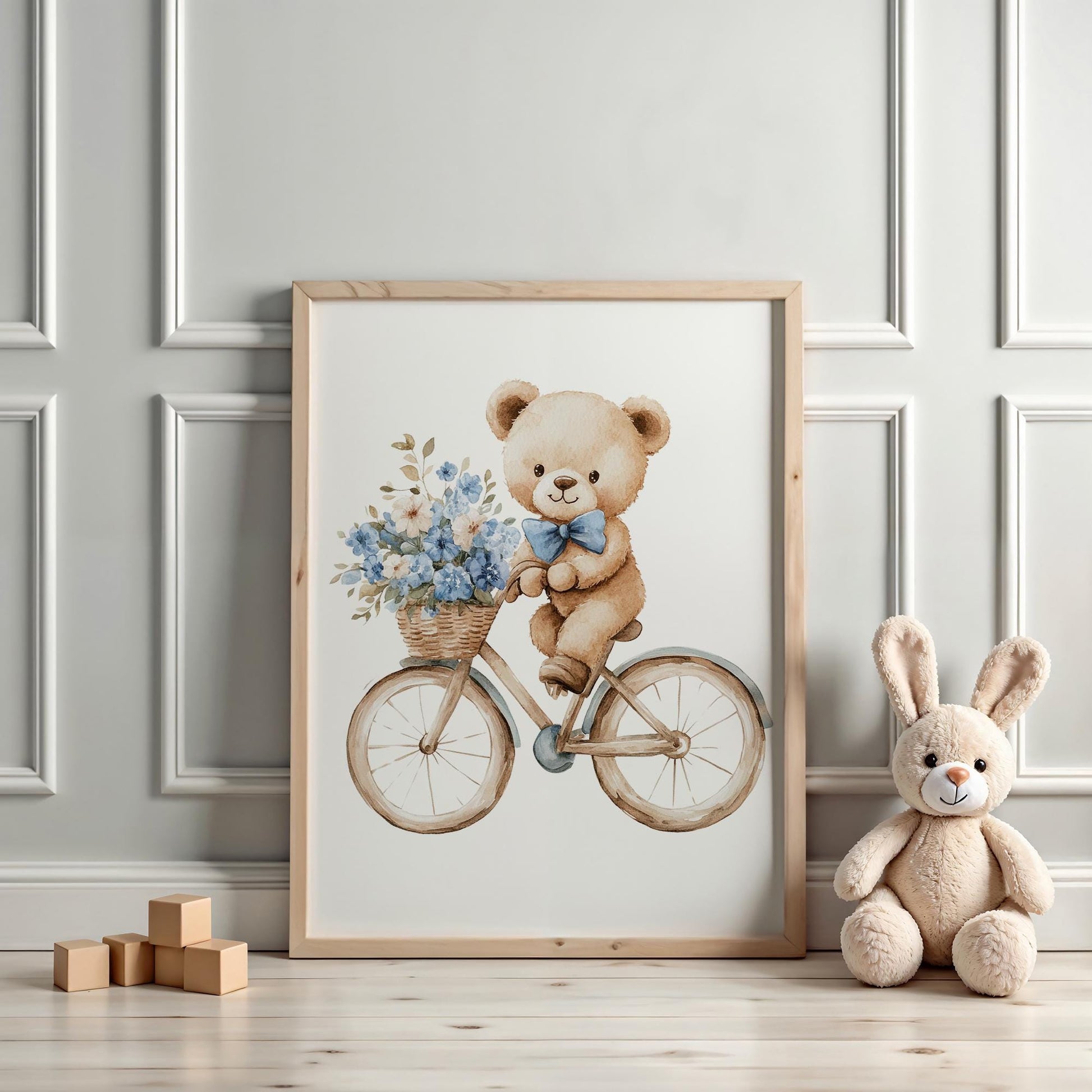 Bär auf Fahrrad Blau DIN A4 Poster mit Namen - Personalisiert mit od. ohne Namen für Kinderzimmer -Namensposter - Geschenkidee - Wanddeko  kleinebuchstaben   