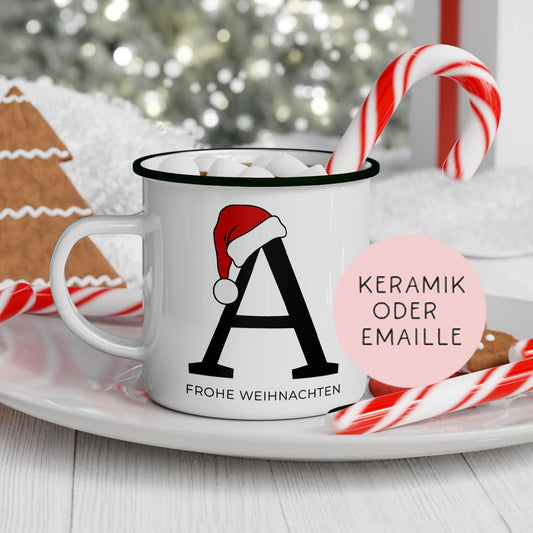 Namenstasse Buchstaben Weihnachten Nikolaus - Frohe Weihnachten - Merry Christmas - mit Anfangsbuchstabe - Tasse - Emaille - Nikolaus  kleinebuchstaben Emaille Schwarz FROHE WEIHNACHTEN 