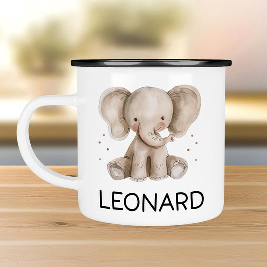 Personalisierte Emaille Tasse Becher Elefant mit Wunschnamen - Emailletasse für Kinder - Tasse personalisiert - Weihnachten - Geburtstag  kleinebuchstaben Randfarbe: Schwarz Schriftart 1 