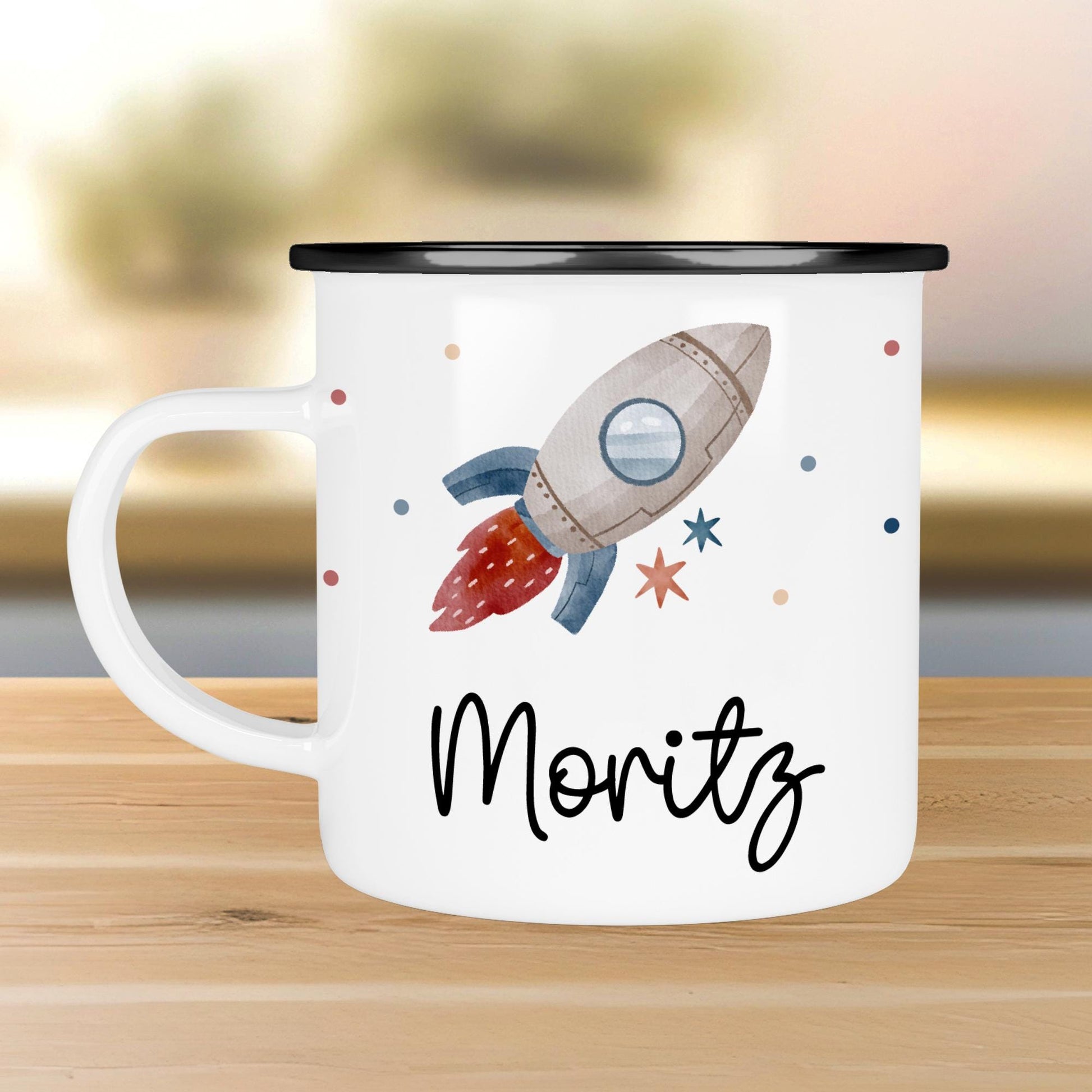 Rakete Emaille Tasse Personalisiert Becher mit Wunschnamen - Emailletasse für Kinder - Tasse personalisiert - Weihnachten - Geburtstag  kleinebuchstaben Randfarbe: Schwarz Schriftart 1 