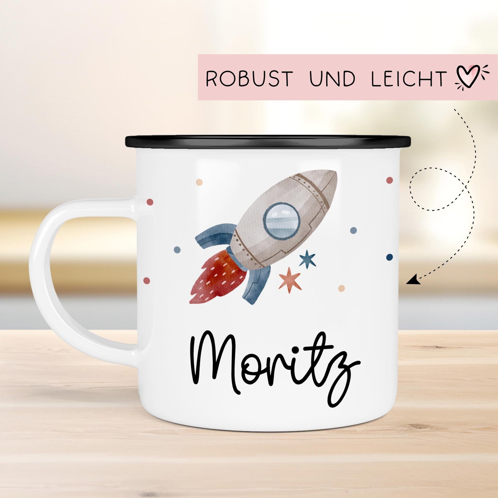 Rakete Emaille Tasse Personalisiert Becher mit Wunschnamen - Emailletasse für Kinder - Tasse personalisiert - Weihnachten - Geburtstag  kleinebuchstaben   