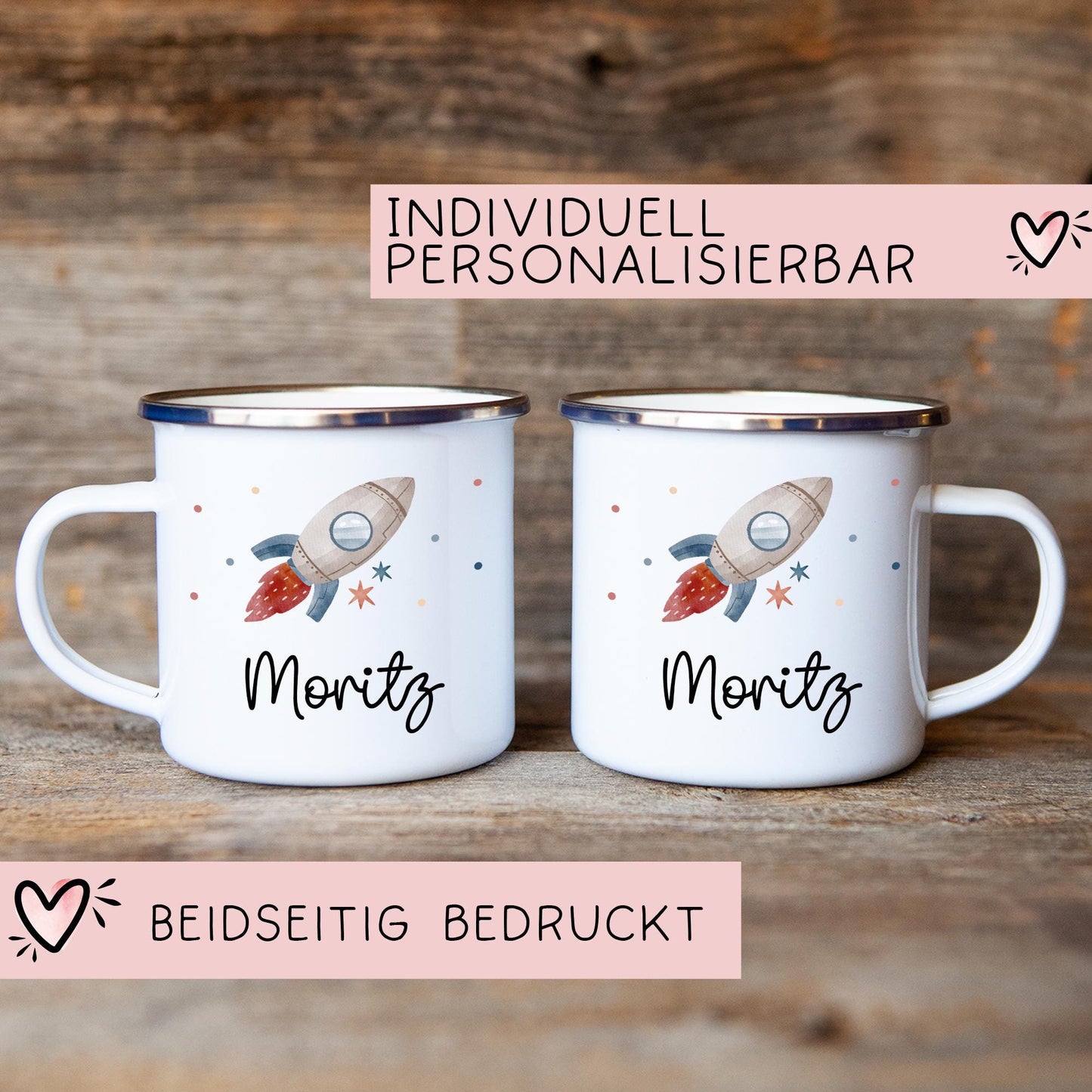 Rakete Emaille Tasse Personalisiert Becher mit Wunschnamen - Emailletasse für Kinder - Tasse personalisiert - Weihnachten - Geburtstag  kleinebuchstaben   