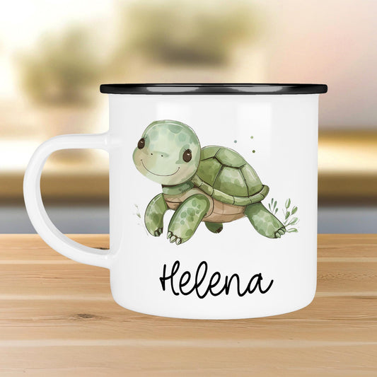 Schildkröte Emaille Tasse Personalisiert Becher mit Wunschnamen - Emailletasse für Kinder - Tasse personalisiert - Weihnachten - Geburtstag  kleinebuchstaben Randfarbe: Schwarz Schriftart 1 