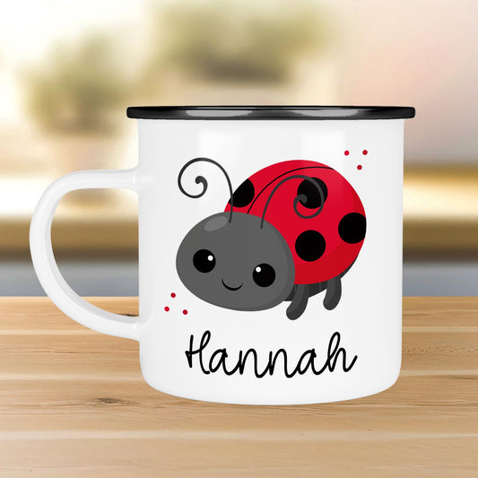 Marienkäfer Emaille Tasse Personalisiert Becher mit Wunschnamen - Emailletasse für Kinder - Tasse personalisiert - Weihnachten - Geburtstag  kleinebuchstaben Randfarbe: Schwarz Schriftart 1 