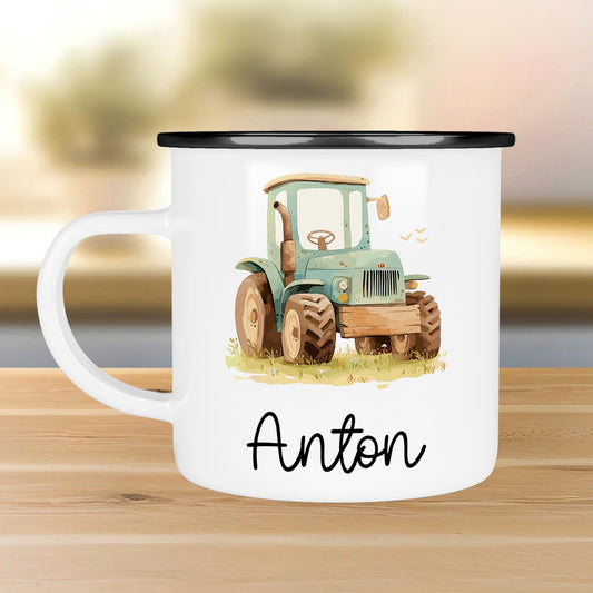 Emaille Tasse Traktor Personalisiert Grün Becher mit Wunschnamen - Emailletasse für Kinder - Tasse personalisiert - Weihnachten - Geburtstag  kleinebuchstaben Randfarbe: Schwarz Schriftart 1 