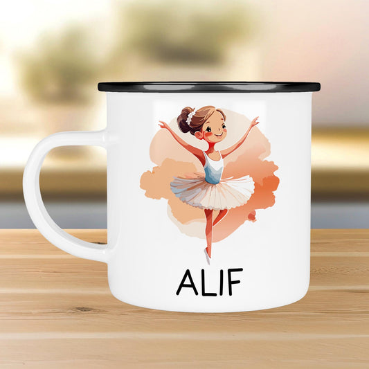 Emaille Tasse Ballerina Personalisiert Becher mit Wunschnamen - Emailletasse für Kinder - Tasse personalisiert - Weihnachten - Geburtstag  kleinebuchstaben Randfarbe: Schwarz Schriftart 1 