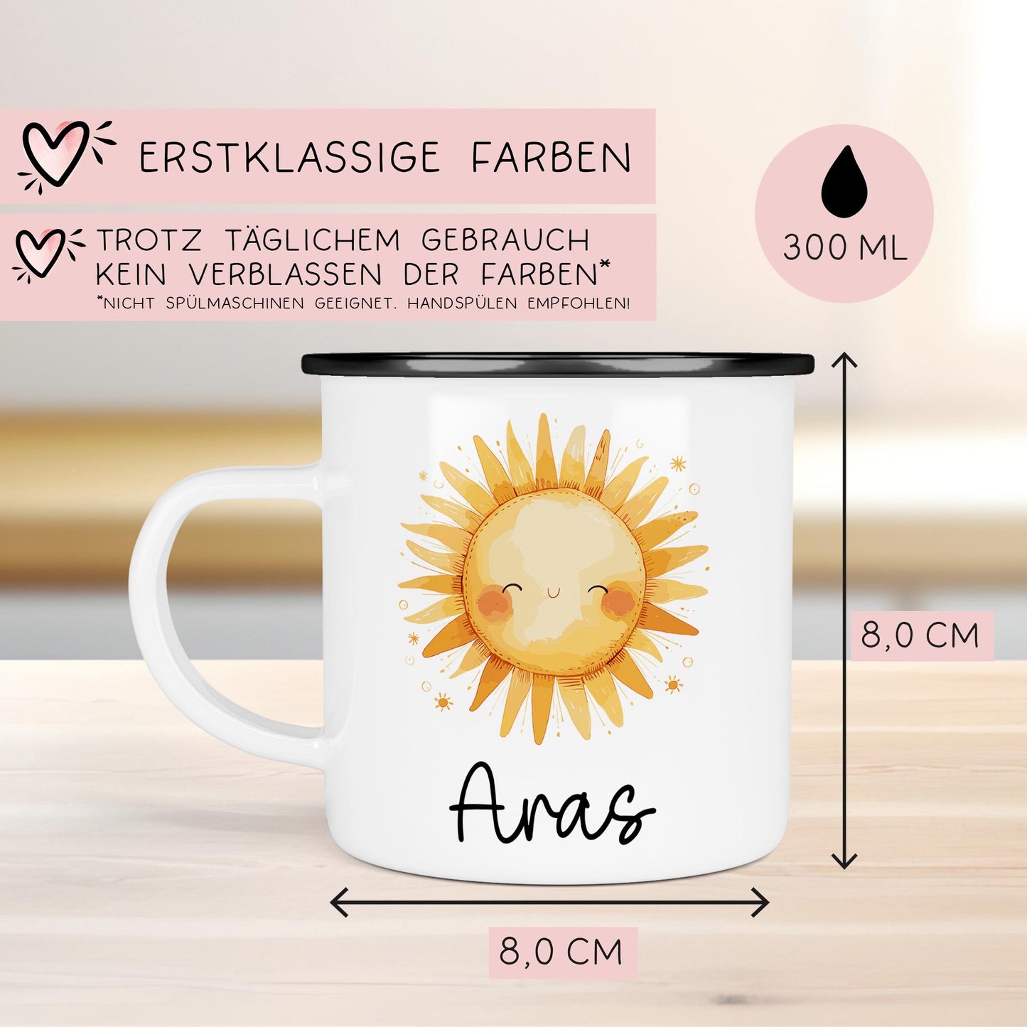 Emaille Tasse Becher Sonne Personalisiert mit Wunschnamen - Emailletasse für Kinder - Tasse personalisiert - Weihnachten - Geburtstag  kleinebuchstaben   