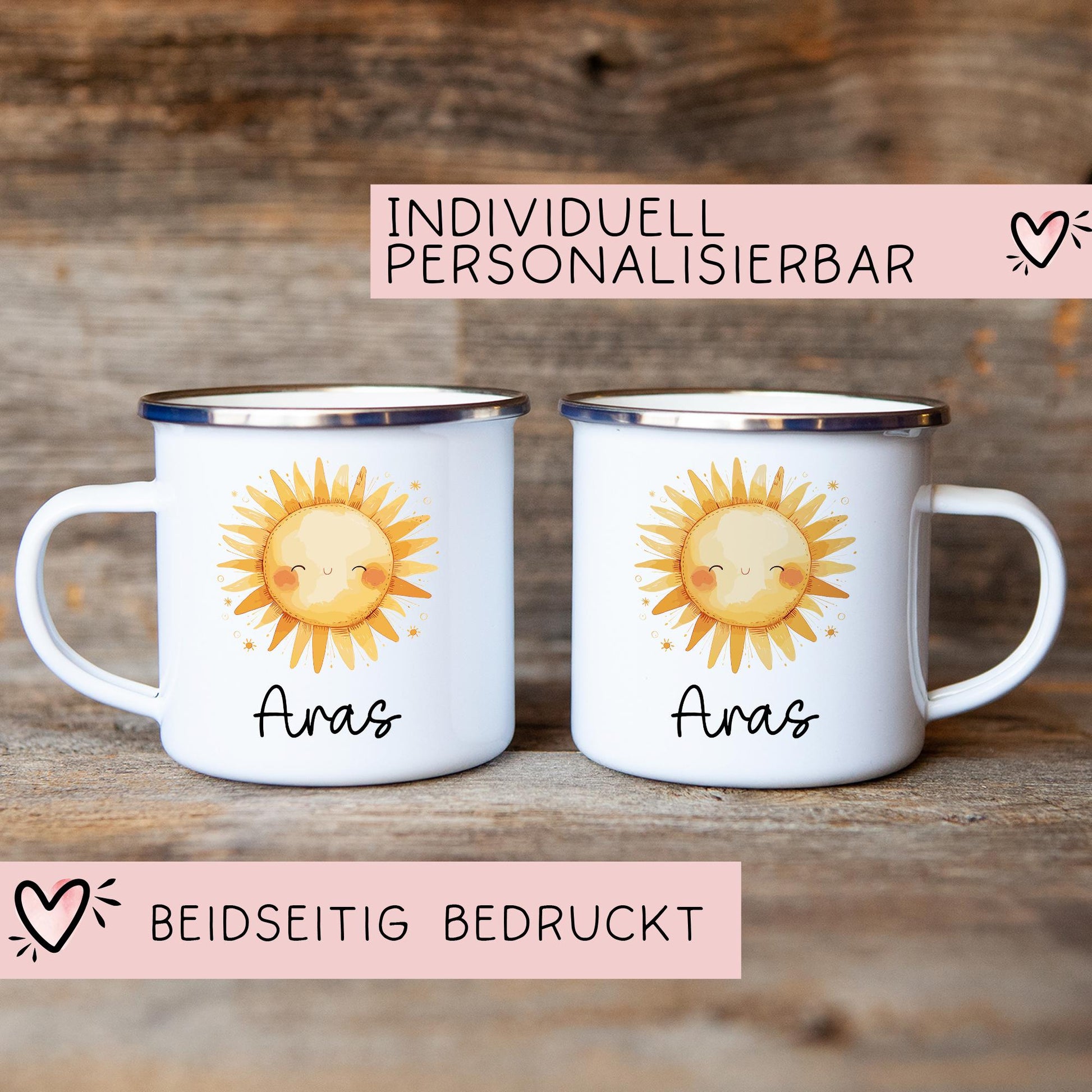 Emaille Tasse Becher Sonne Personalisiert mit Wunschnamen - Emailletasse für Kinder - Tasse personalisiert - Weihnachten - Geburtstag  kleinebuchstaben   