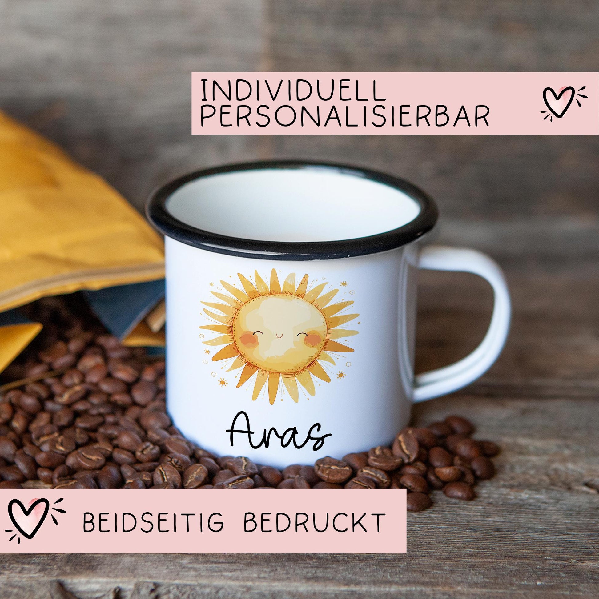 Emaille Tasse Becher Sonne Personalisiert mit Wunschnamen - Emailletasse für Kinder - Tasse personalisiert - Weihnachten - Geburtstag  kleinebuchstaben   