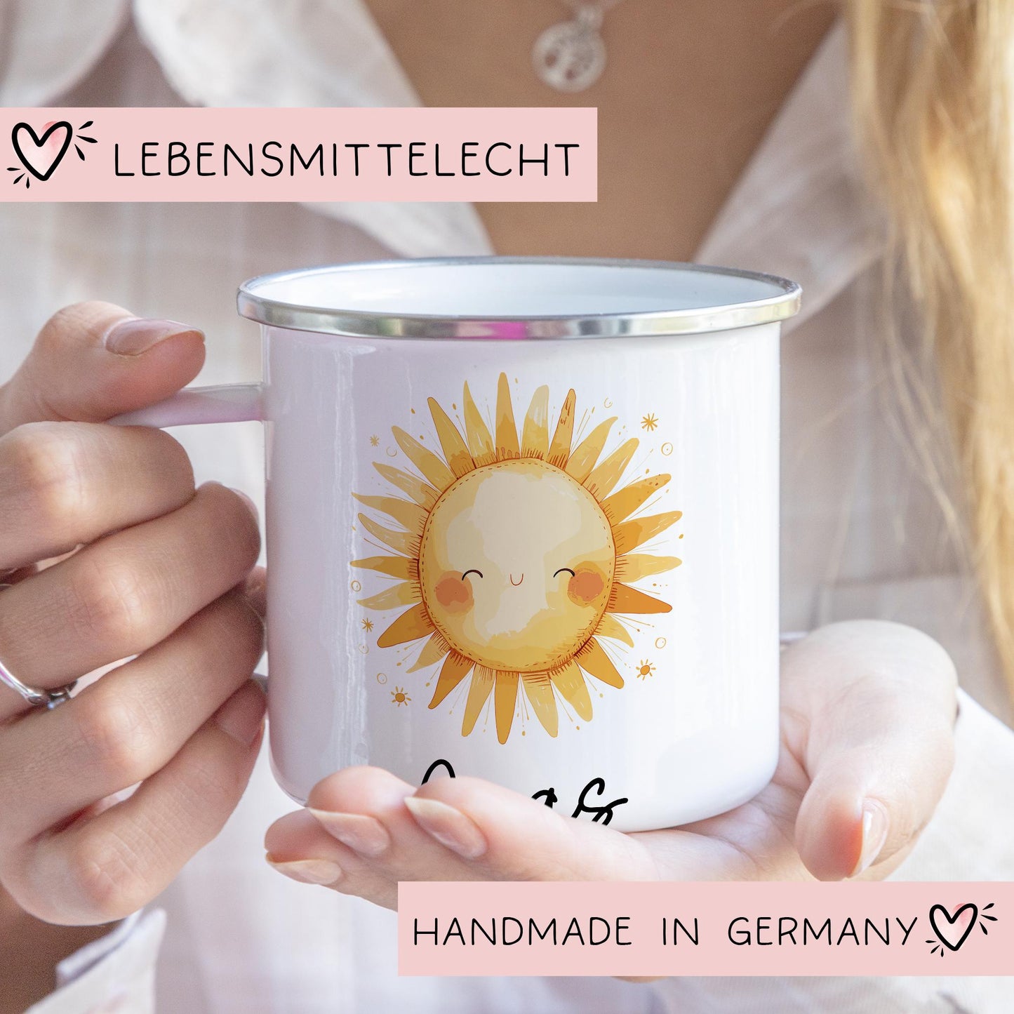 Emaille Tasse Becher Sonne Personalisiert mit Wunschnamen - Emailletasse für Kinder - Tasse personalisiert - Weihnachten - Geburtstag  kleinebuchstaben   