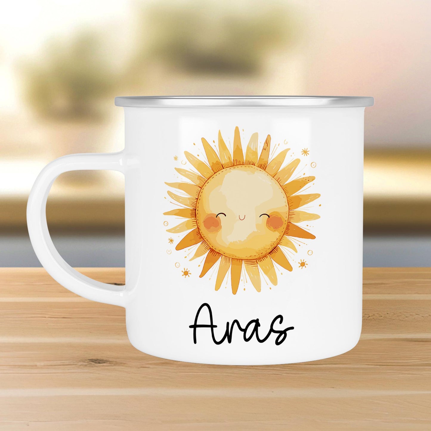 Emaille Tasse Becher Sonne Personalisiert mit Wunschnamen - Emailletasse für Kinder - Tasse personalisiert - Weihnachten - Geburtstag  kleinebuchstaben Randfarbe: Silber Schriftart 1 