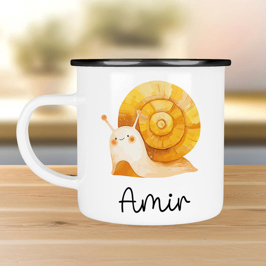 Emaille Tasse Becher Schnecke Personalisiert mit Wunschnamen - Emailletasse für Kinder - Tasse personalisiert - Weihnachten - Geburtstag  kleinebuchstaben Randfarbe: Schwarz Schriftart 1 