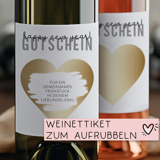 Wein Etikett Gutschein Happy New Year Weinflaschen Etikett | Personalisiert Silvester | Rubbellos Weinetikett Neujahr - 2025 Rosa Gold kleinebuchstaben Gold von Herzen