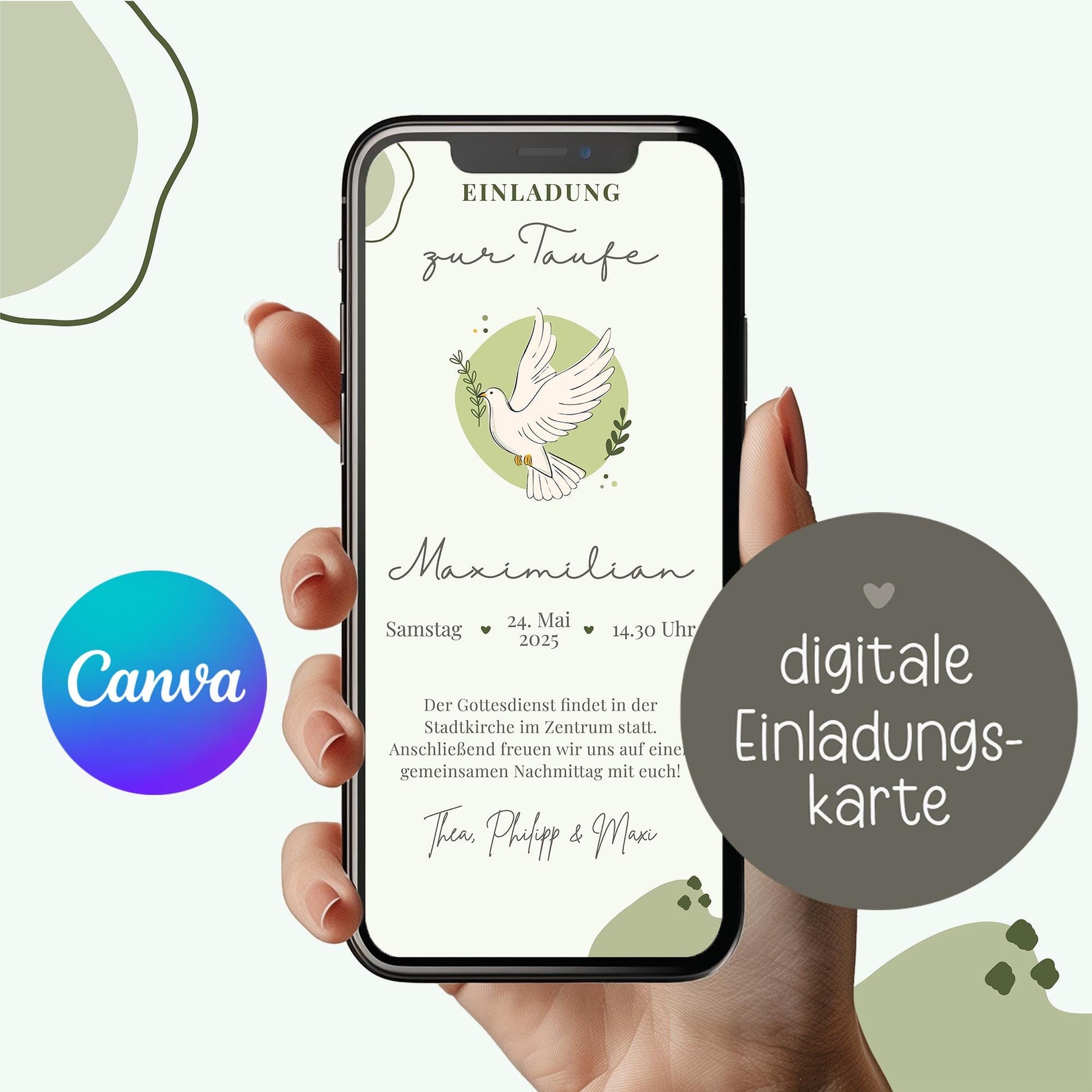 Digitale Einladung zur Taufe Taube Grün - WhatsApp - Telegram - digitale Einladungkarte - Vorlage - ECard - Kommunion - Erstkommunion, Einladungskarte kleinebuchstaben