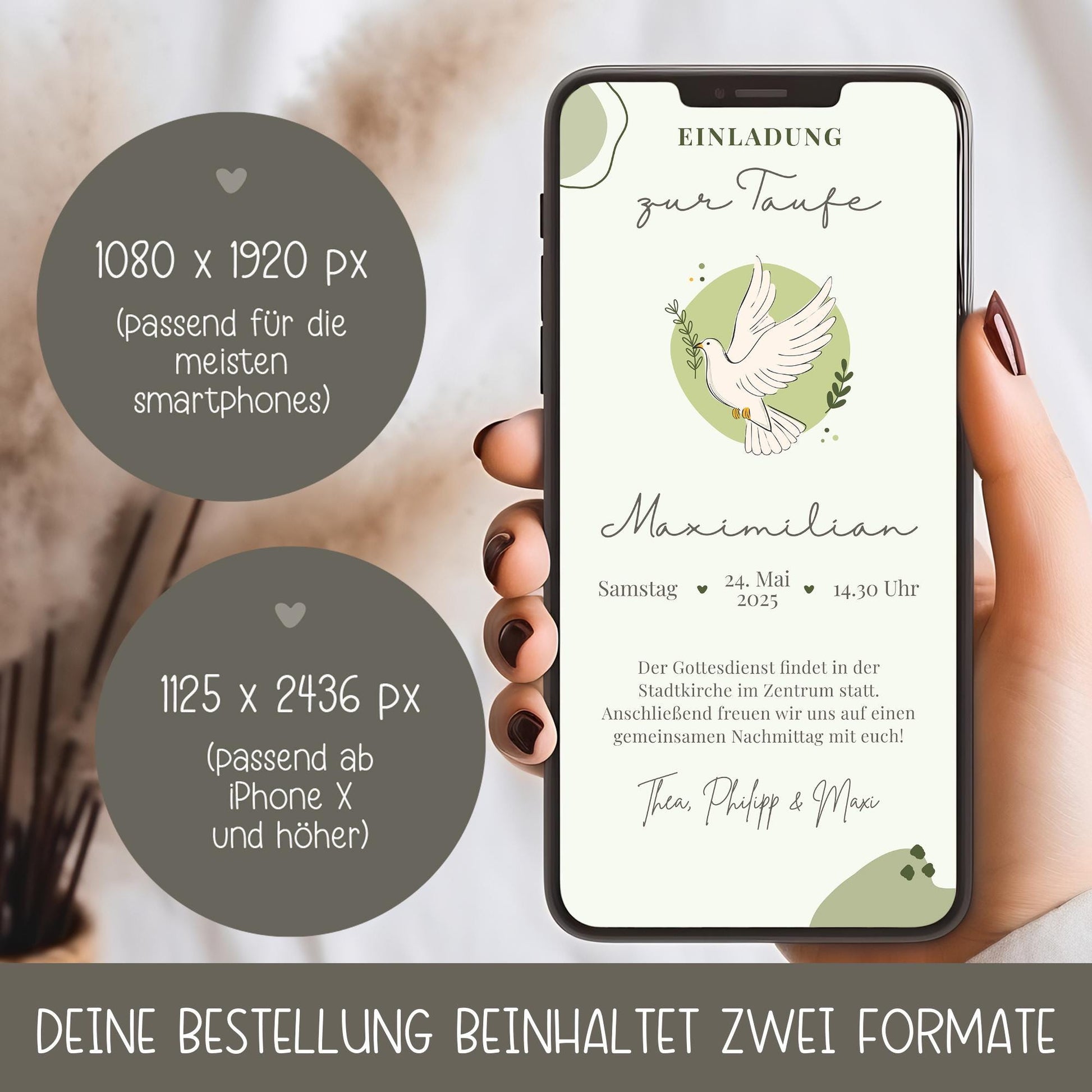 Digitale Einladung zur Taufe Taube Grün - WhatsApp - Telegram - digitale Einladungkarte - Vorlage - ECard - Kommunion - Erstkommunion, Einladungskarte kleinebuchstaben