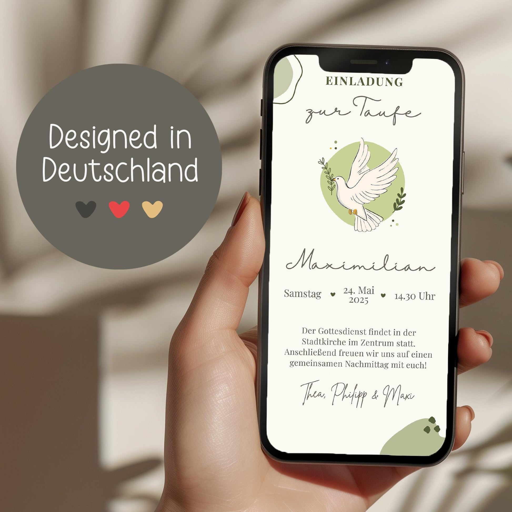 Digitale Einladung zur Taufe Taube Grün - WhatsApp - Telegram - digitale Einladungkarte - Vorlage - ECard - Kommunion - Erstkommunion, Einladungskarte kleinebuchstaben