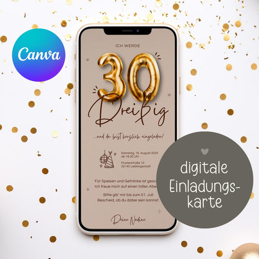 Digitale Einladung 30. Geburtstag Einladungskarte Zahl, Ballon, WhatsApp Einladung Foto, eCard personalisierbar, Geburtstagseinladung Handy, Canva Vorlage, Einladungskarte kleinebuchstaben