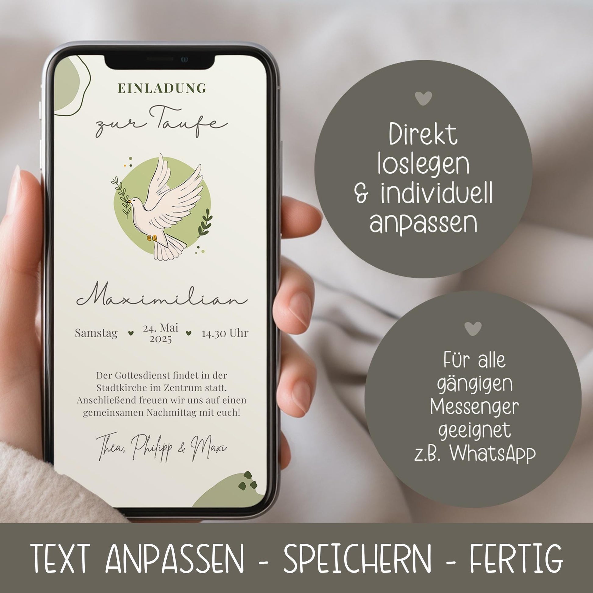 Digitale Einladung zur Taufe Taube Grün - WhatsApp - Telegram - digitale Einladungkarte - Vorlage - ECard - Kommunion - Erstkommunion, Einladungskarte kleinebuchstaben