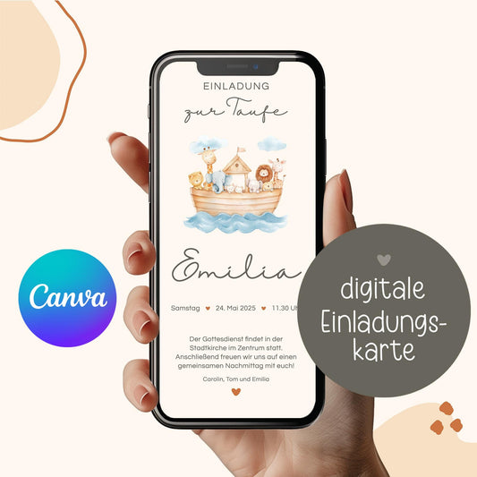 Digitale Einladung Taufe, Arche Noah, Einladung zum Versenden per WhatsApp, ecard Taufe personalisierbar, Taufeinladung, Canva Vorlage, Einladungskarte kleinebuchstaben