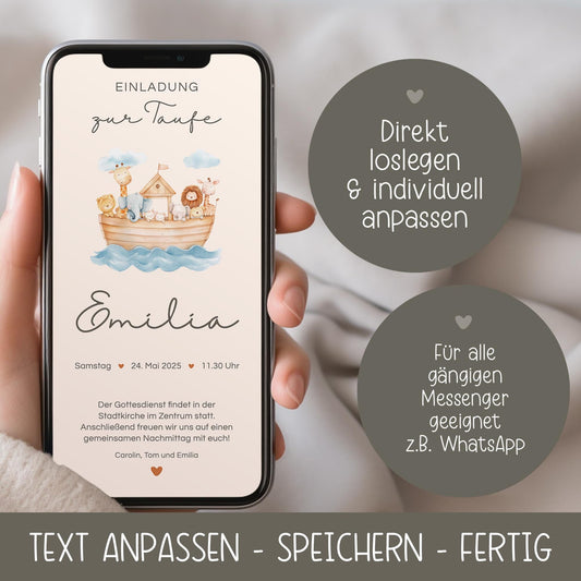 Digitale Einladung Taufe, Arche Noah, Einladung zum Versenden per WhatsApp, ecard Taufe personalisierbar, Taufeinladung, Canva Vorlage, Einladungskarte kleinebuchstaben