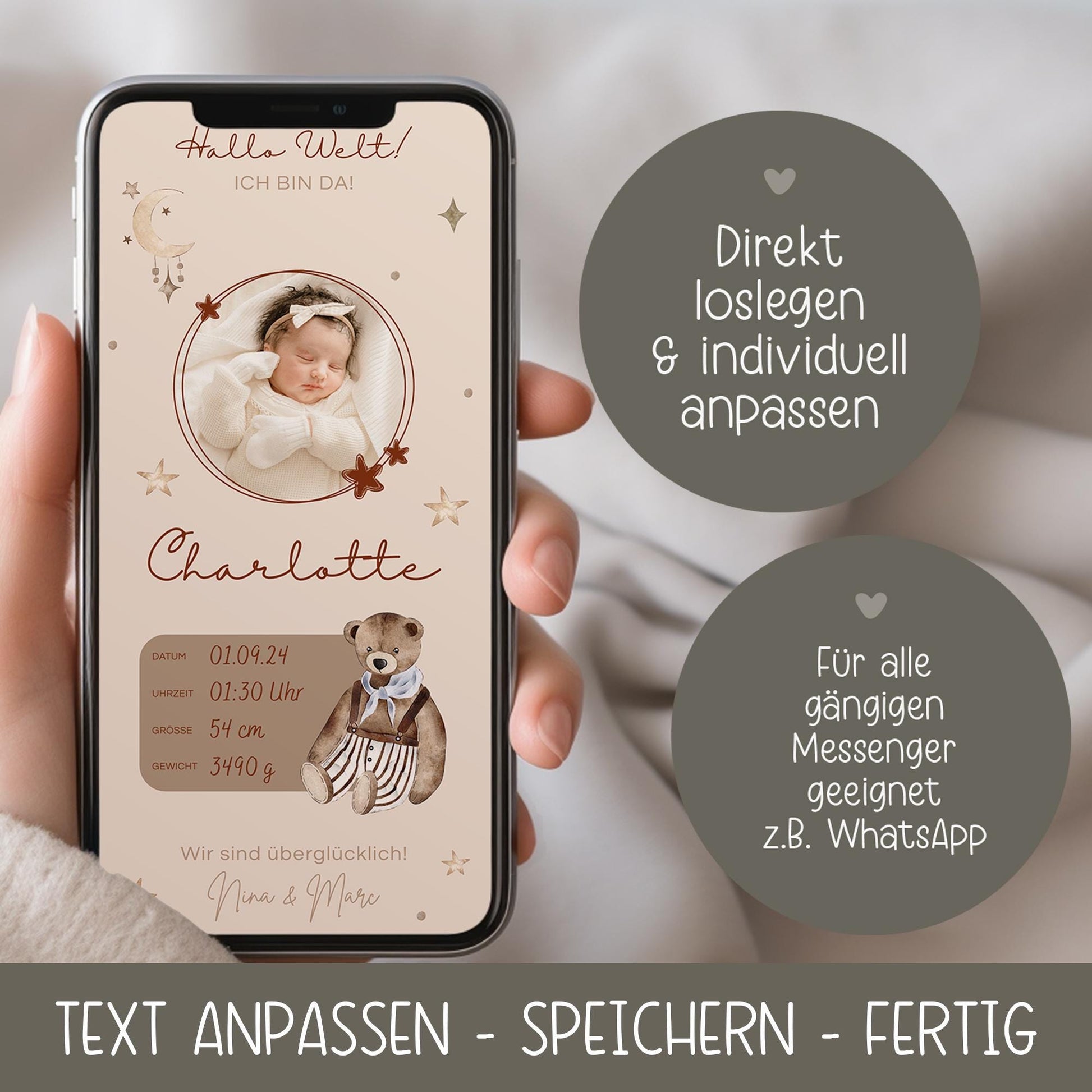 Personalisierte Digitale Geburtsanzeige Baby Neugeborenes Willkommen - Babykarte Whatsapp - Canva-Vorlage - Junge - Mädchen - Whatsapp Ecard kleinebuchstaben