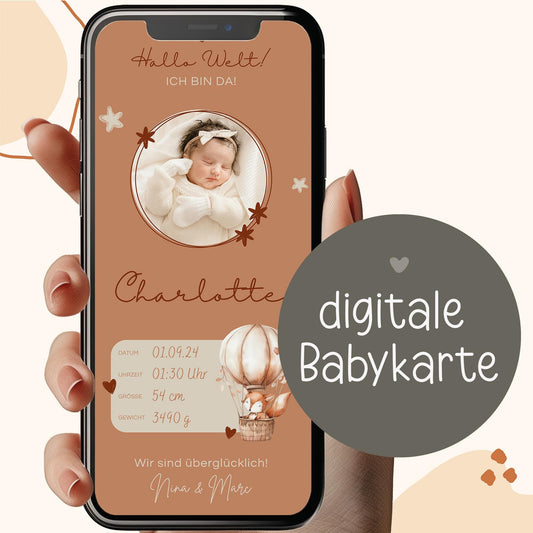 Digitale Geburtsanzeige mit Foto Personalisiert Baby Neugeborenes Willkommen - Babykarte Whatsapp - Canva - Junge - Mädchen - Whatsapp Ecard kleinebuchstaben
