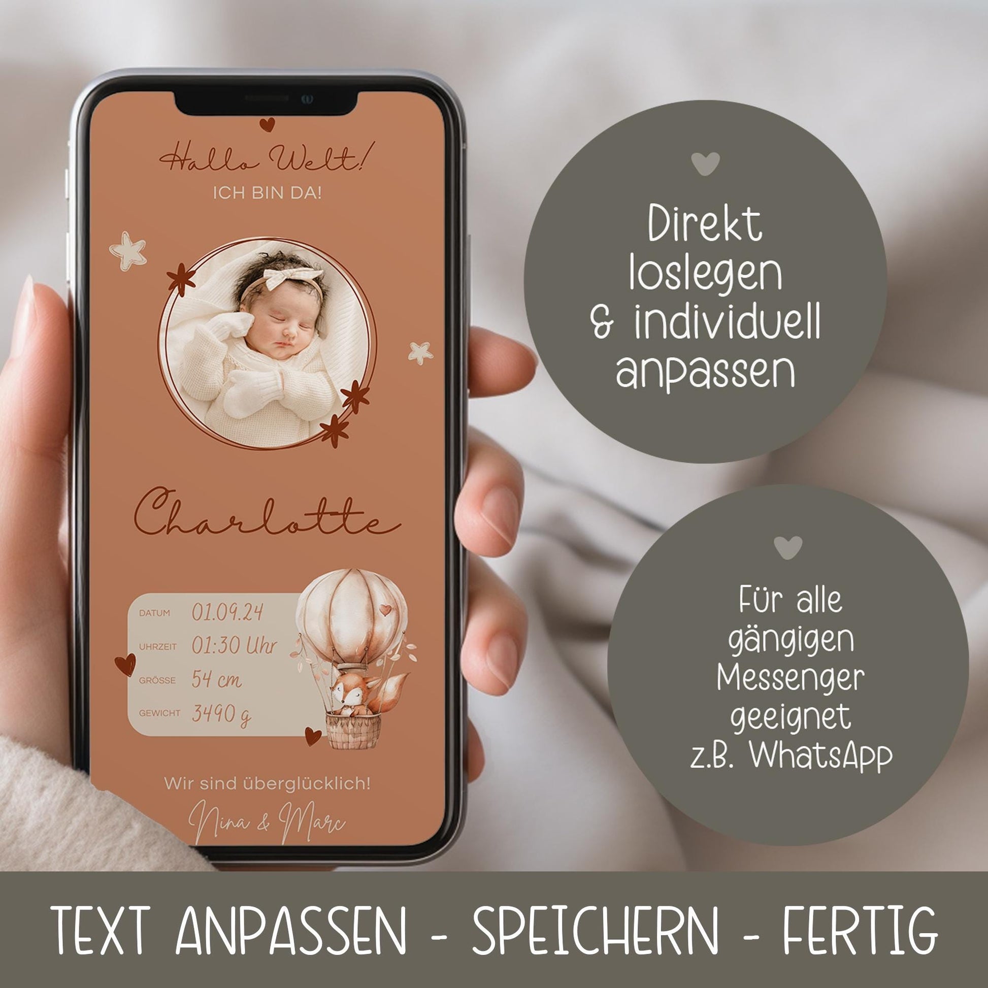 Digitale Geburtsanzeige mit Foto Personalisiert Baby Neugeborenes Willkommen - Babykarte Whatsapp - Canva - Junge - Mädchen - Whatsapp Ecard kleinebuchstaben