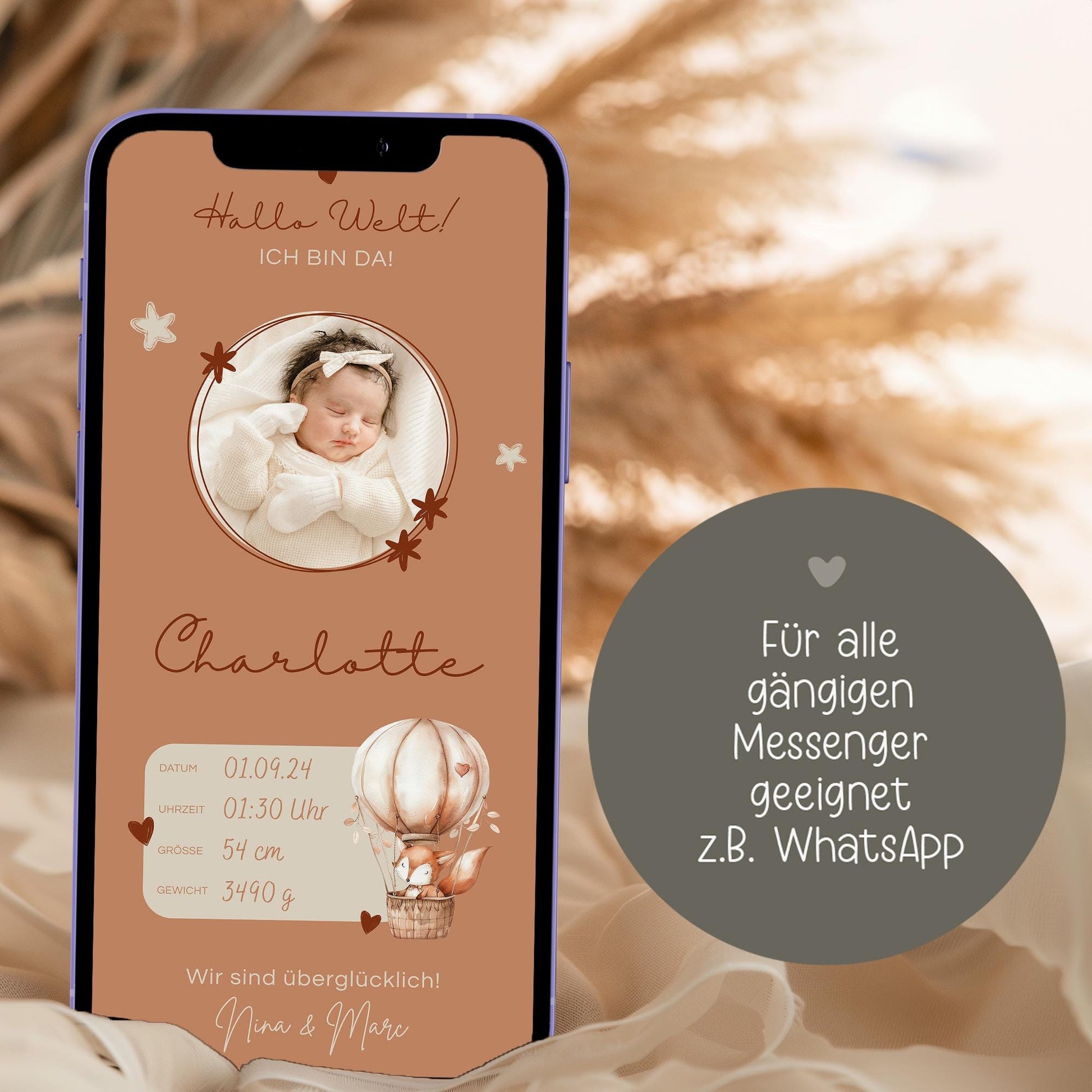 Digitale Geburtsanzeige mit Foto Personalisiert Baby Neugeborenes Willkommen - Babykarte Whatsapp - Canva - Junge - Mädchen - Whatsapp Ecard kleinebuchstaben