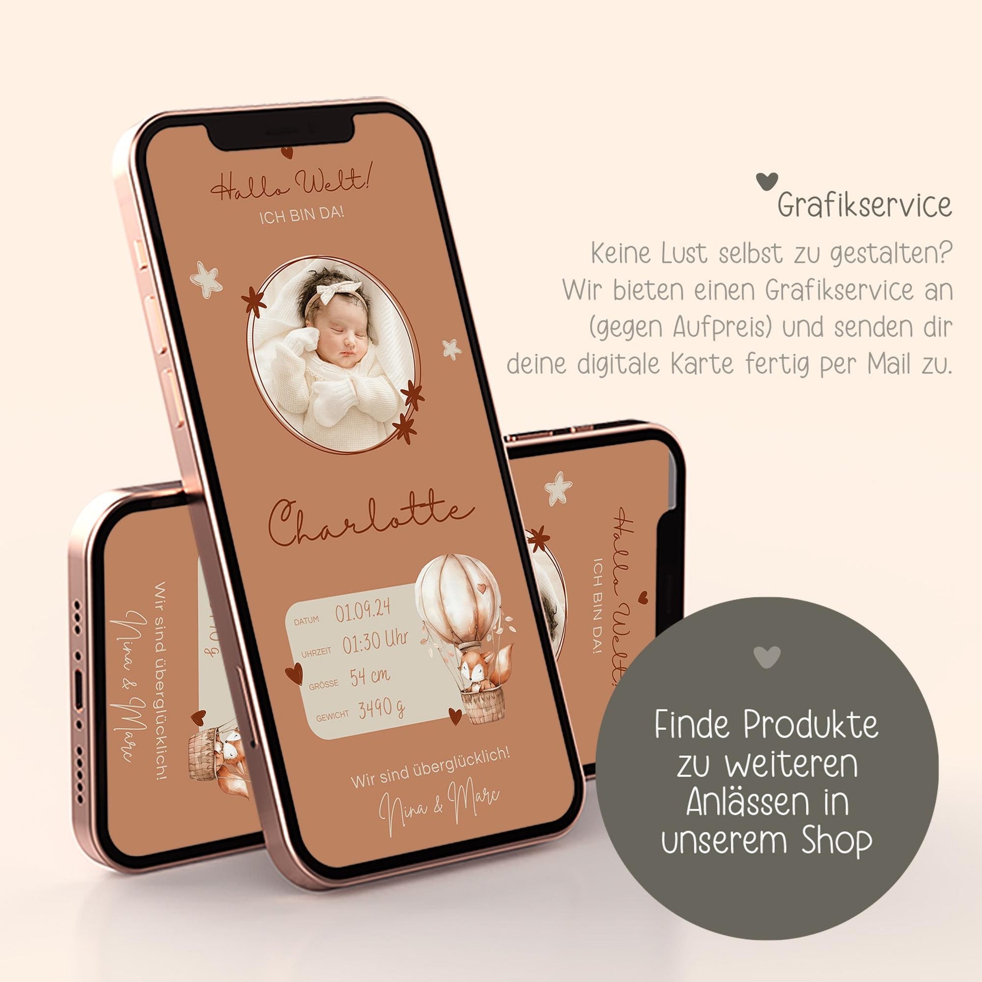 Digitale Geburtsanzeige mit Foto Personalisiert Baby Neugeborenes Willkommen - Babykarte Whatsapp - Canva - Junge - Mädchen - Whatsapp Ecard kleinebuchstaben