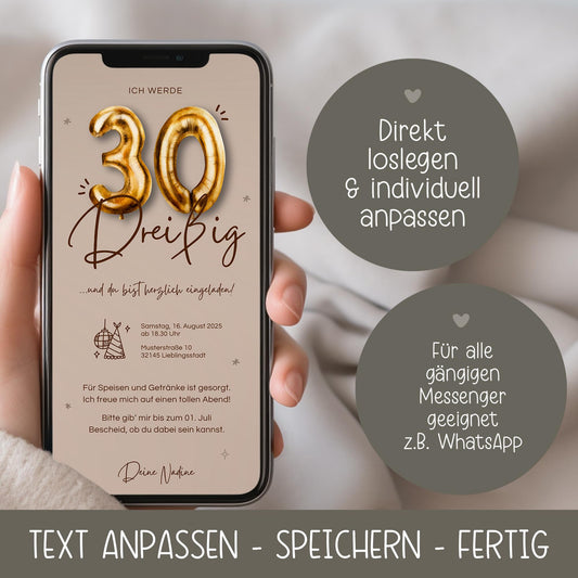 Digitale Einladung 30. Geburtstag Einladungskarte Zahl, Ballon, WhatsApp Einladung Foto, eCard personalisierbar, Geburtstagseinladung Handy, Canva Vorlage, Einladungskarte kleinebuchstaben