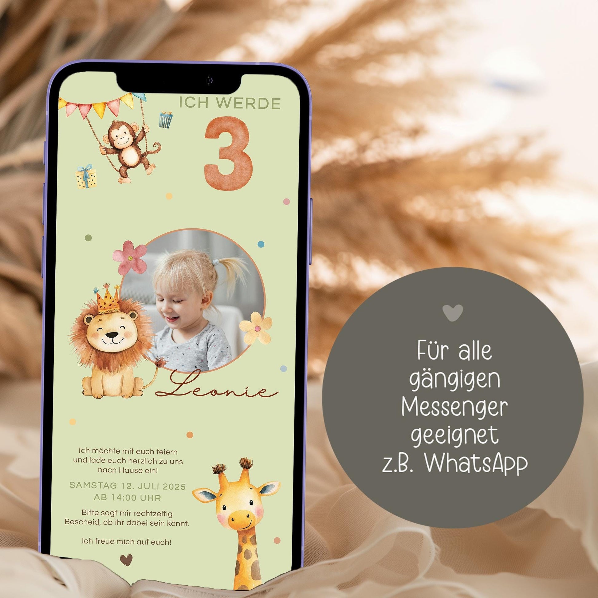 Digitale Einladung Kindergeburtstag 1 2 3 4, personalisierbare E-Card WhatsApp, Einladung Foto Mädchen, Junge, Geburtstagseinladung Vorlage kleinebuchstaben