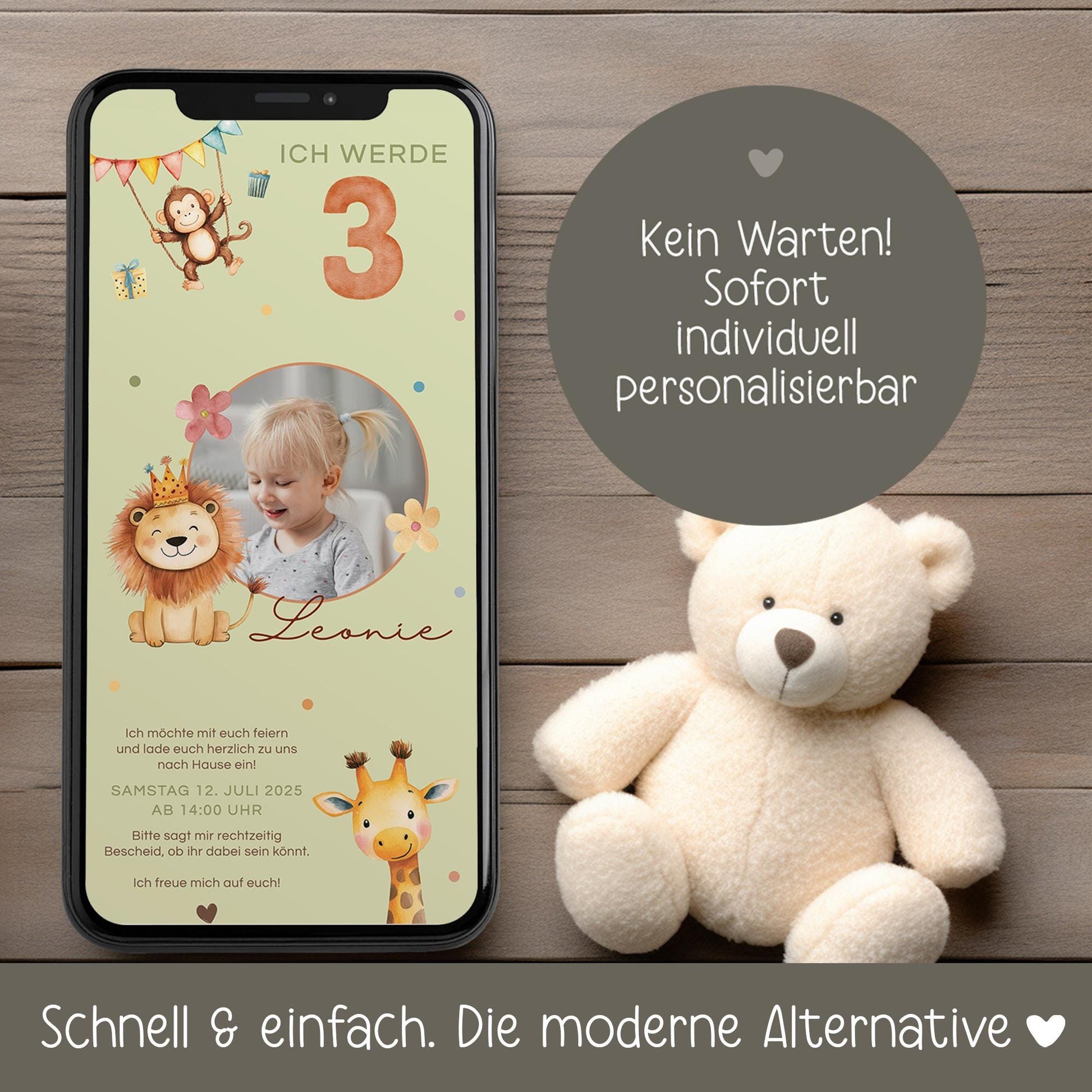 Digitale Einladung Kindergeburtstag 1 2 3 4, personalisierbare E-Card WhatsApp, Einladung Foto Mädchen, Junge, Geburtstagseinladung Vorlage kleinebuchstaben