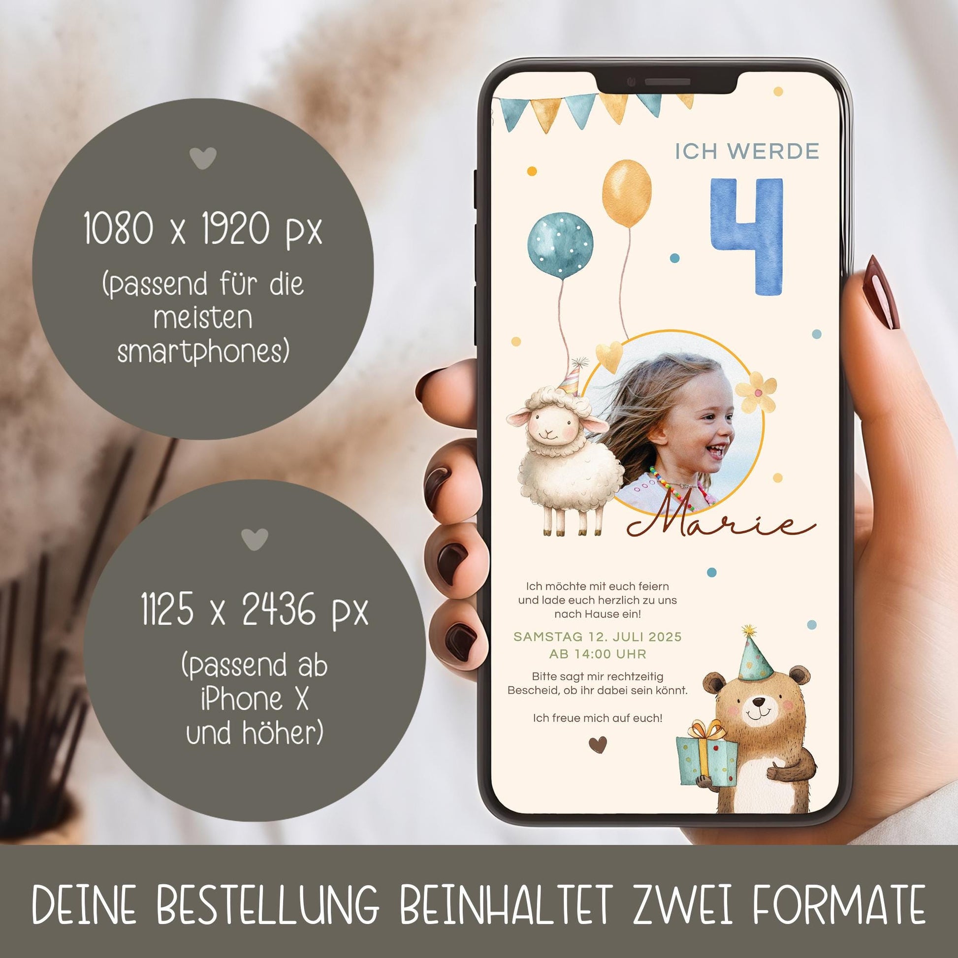 Einladung zum Kindergeburtstag mit Foto, Digitale Einladungskarte Mädchen Junge Luftballon, e-Card Einladung zum Geburtstag WhatsApp,Vorlage kleinebuchstaben